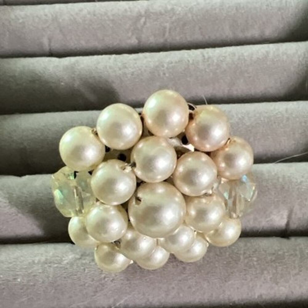 Handmade White Faux Pearl Cluster Cocktail Ring w/ Crystal, Adjust.Filigree Band